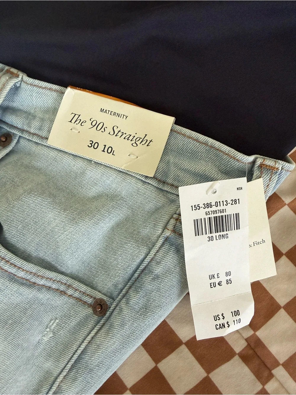 Abercrombie & Fitch Light Blue Straight-Leg Maternity Jeans with Black Panel